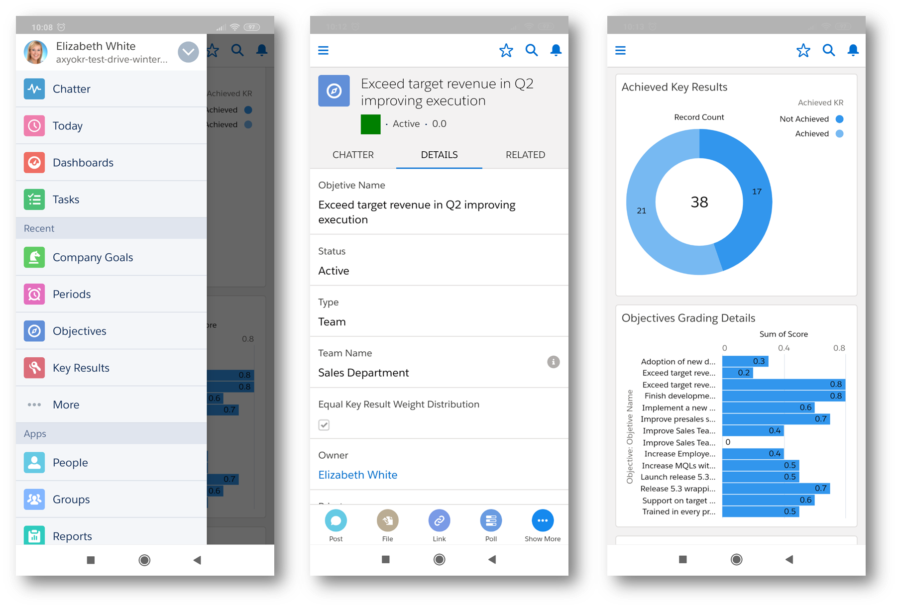 Mobile view of Axy OKR with Salesforce mobile app